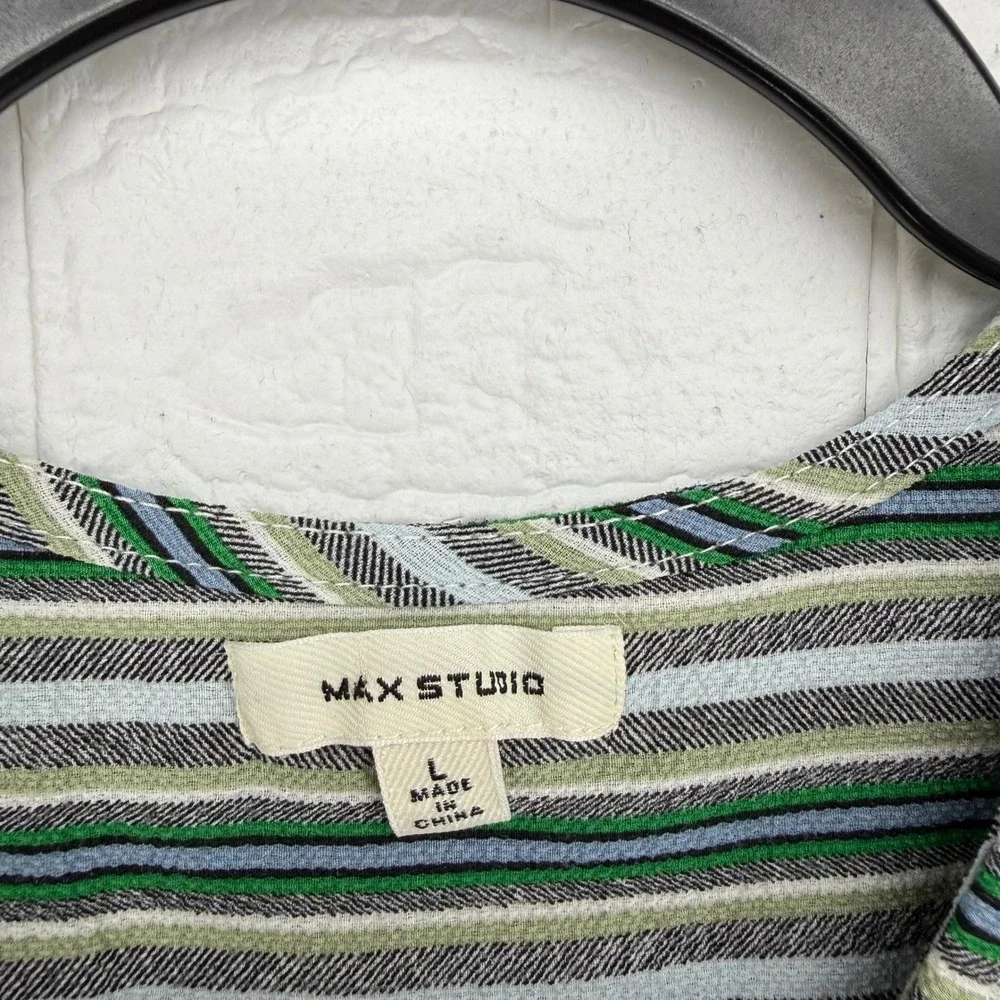 Max Studio Wrap Blouse Womens Large Green Blue Striped Sleeveless High Low Top